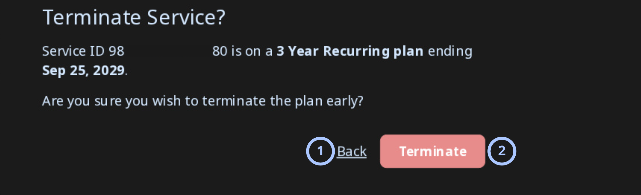 Confirm Dealer Portal service termination (dark theme)