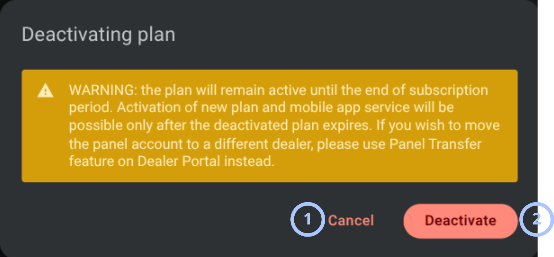 Confirm billing plan deactivation (dark theme)