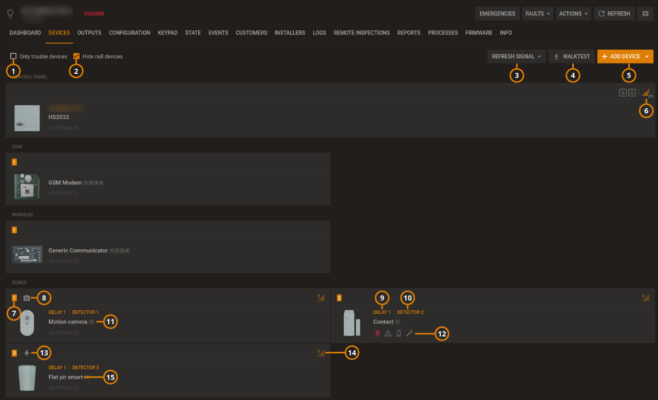 Navigating the DEVICES tab (dark)