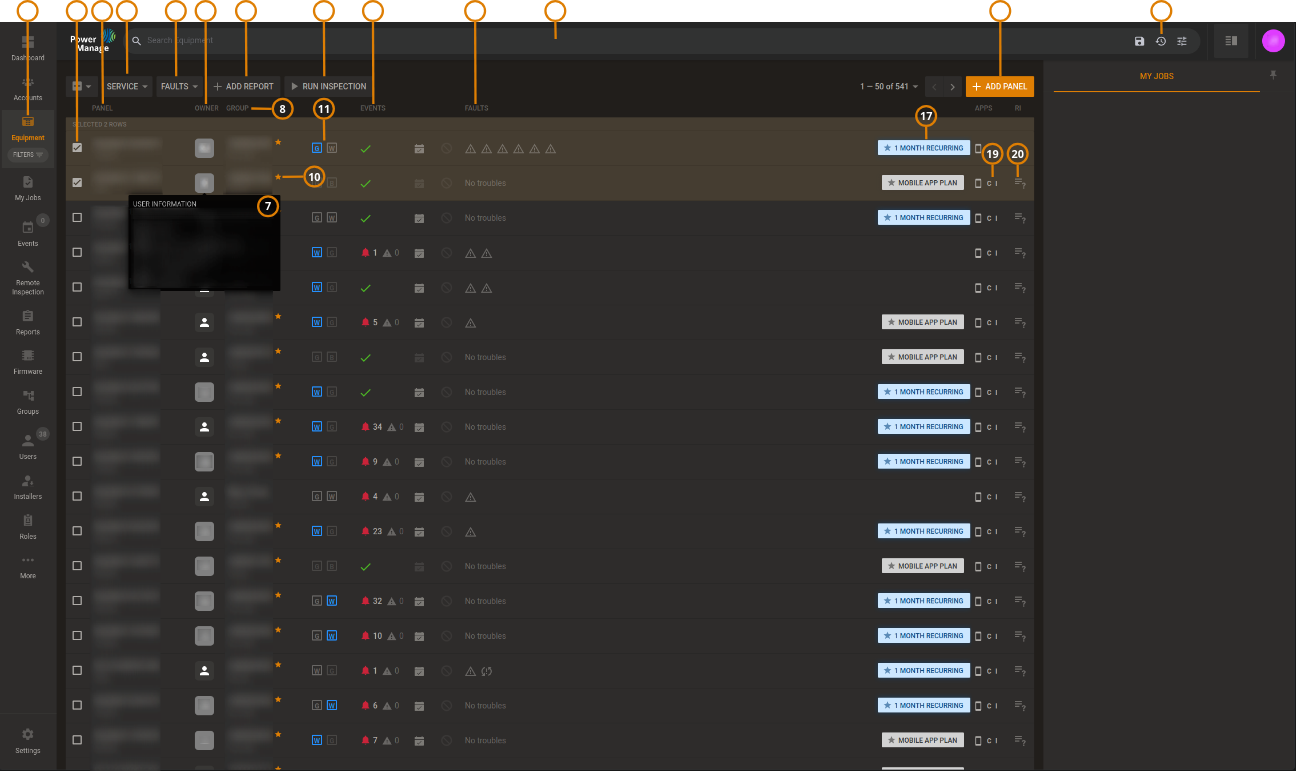 Navigating the Equipment page (dark)