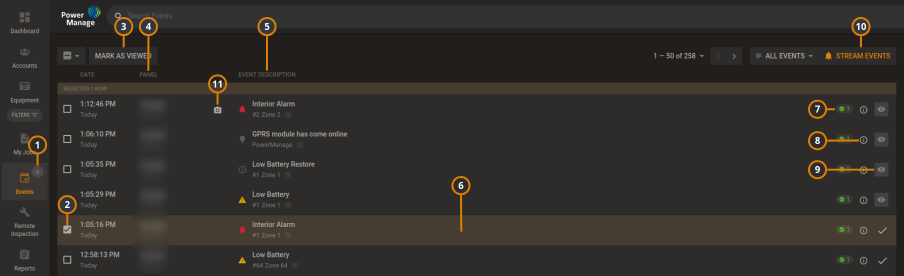 Navigating the Events page (dark)