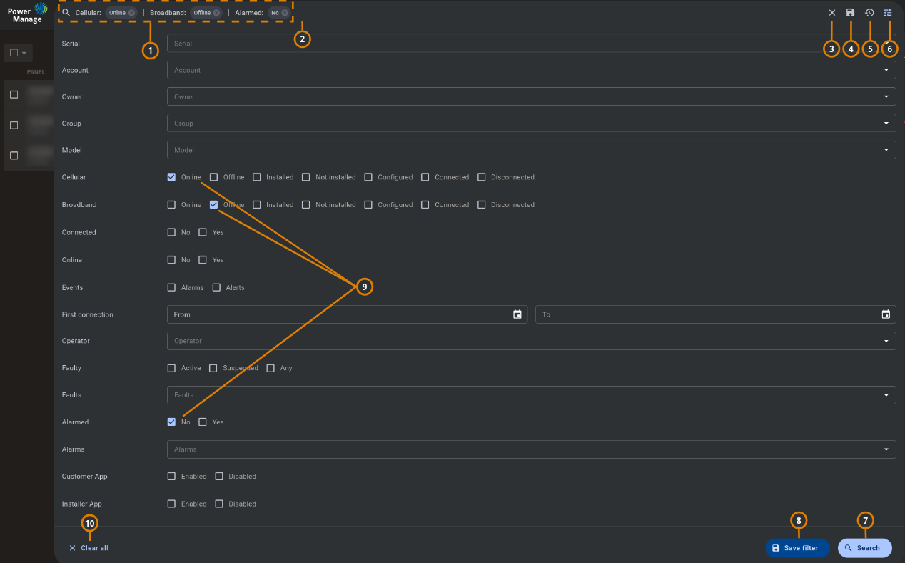 Navigating the search filter selection (dark)