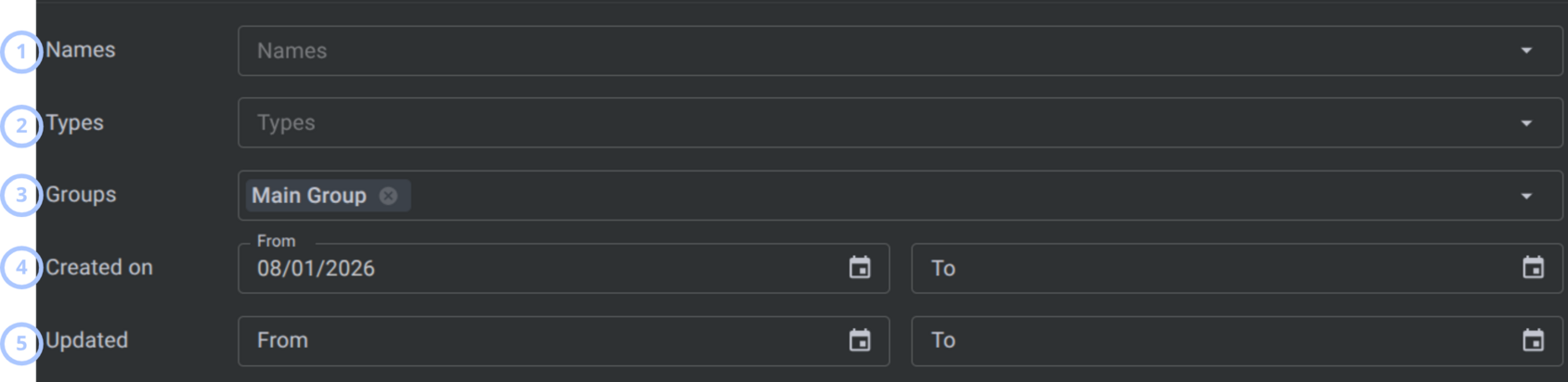 Basic configuration filters (dark theme)