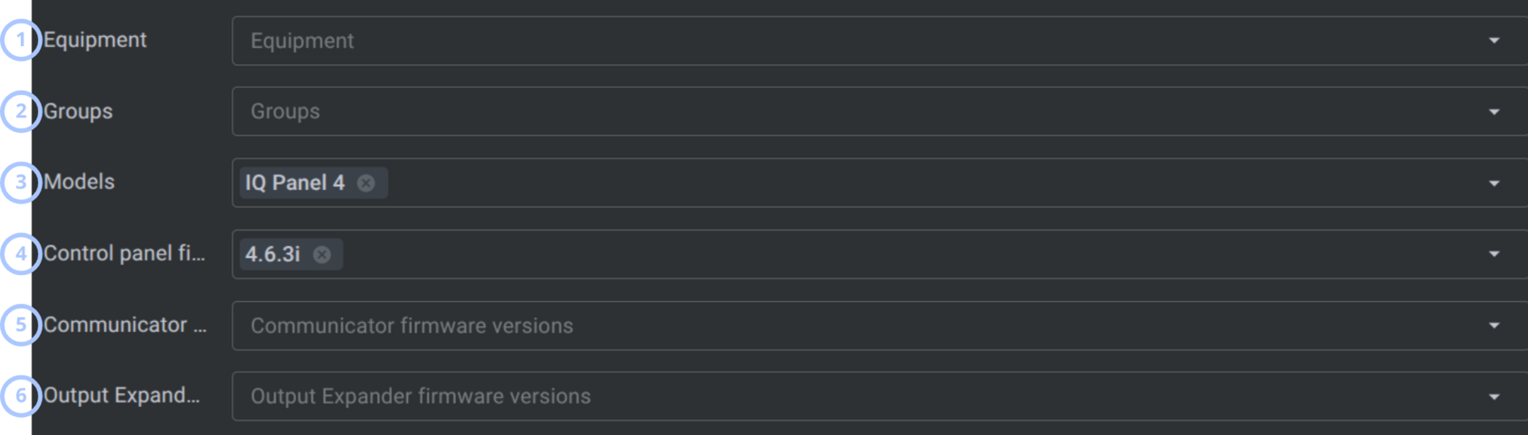 Equipment filters (dark theme)
