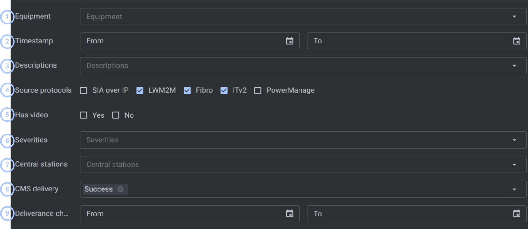 Event filters (dark theme)