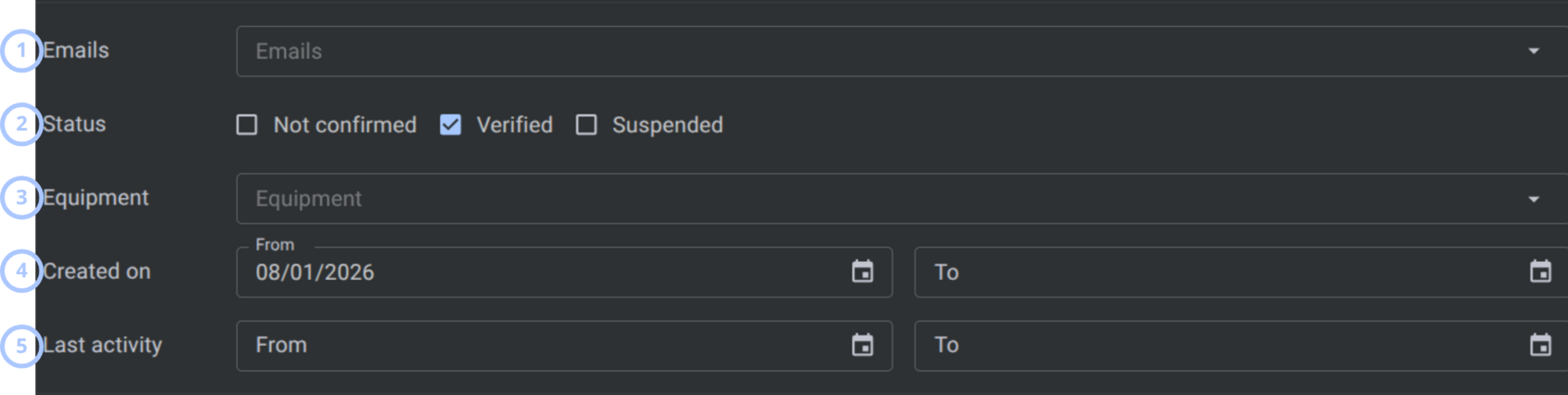 Account filters (dark theme)