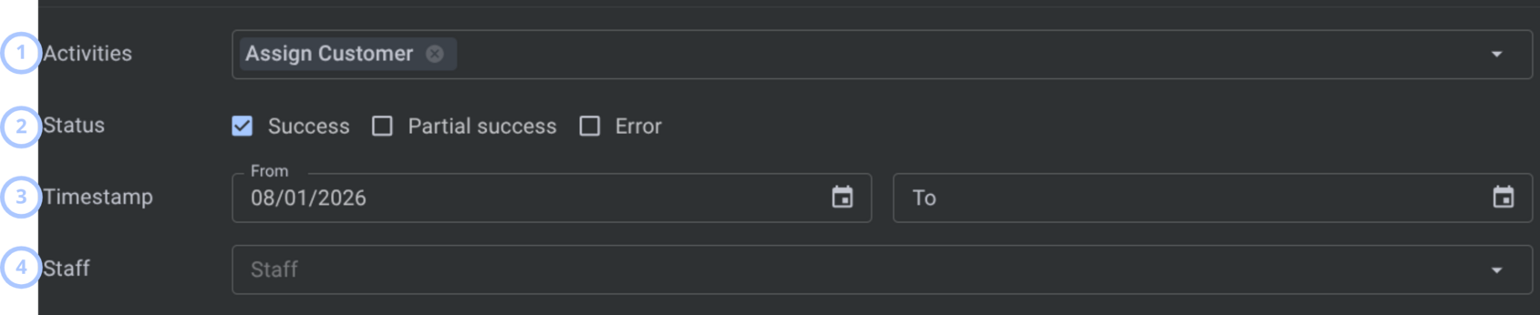 Audit log filters (dark theme)