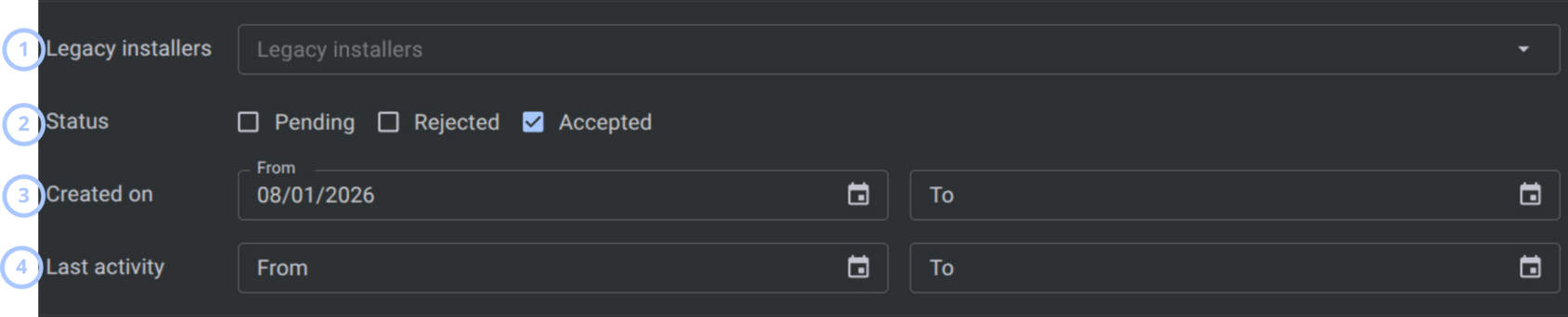 Legacy installer filters (dark theme)