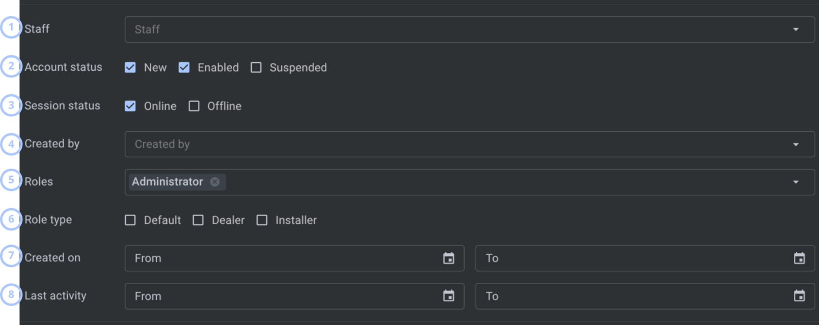 Staff filters (dark theme)