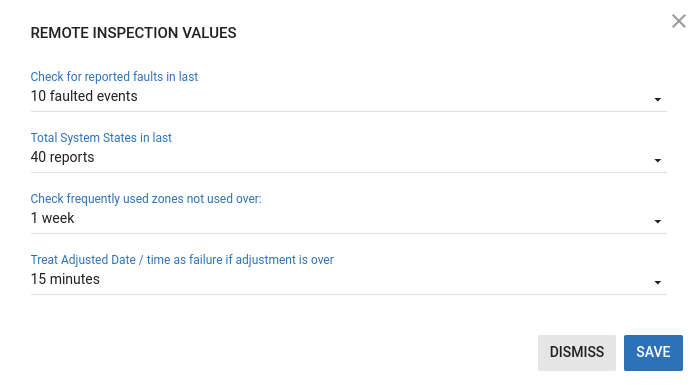 REMOTE INSPECTION VALUES dialog box (light)